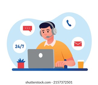 Concepto de asistencia al cliente. Un hombre con auriculares se sienta en una laptop, responde a las preguntas frecuentes de los clientes. Comentarios y apoyo técnico, llamadas e información. Dibujo vectorial plano de dibujos animados
