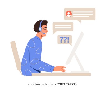 Customer support concept. Man with headphones near computer. Young guy answer to questions from clients. Frequently asked question. Cartoon flat vector illustration isolated on white background