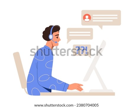 Customer support concept. Man with headphones near computer. Young guy answer to questions from clients. Frequently asked question. Cartoon flat vector illustration isolated on white background
