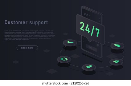 Customer support concept. Minimalistic, neon and abstract styles for landing page. Coroll center and technical support. Answers to customer questions, hotline. Volumetric vector illustration