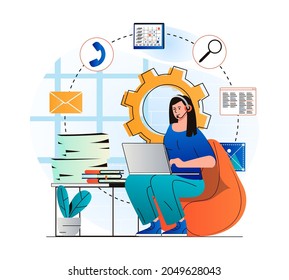 Customer support concept in modern flat design. Woman in headset works at laptop, advises clients. Consultant works in call center or technical support. Online communication. Vector illustration