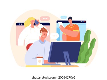 Customer support concept. Office help services, virtual computer operator. Online agent talking and supporting clients, flat utter vector concept