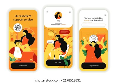 Customer support concept onboarding screens. Call center, clients consultation, solve problems of customer. UI, UX, GUI user interface kit with flat people scene. Vector illustration for web design