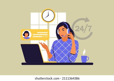 Customer Support Concept. Online Global Technical Support. Vector Illustration. Flat