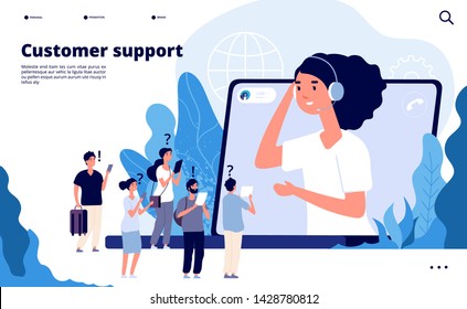 Customer support concept. Professionals help client with smartphone. Telemarketing communications vector landing page. Illustration of professional operator support, communication help