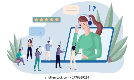 Concepto de asistencia al cliente. Los profesionales ayudan al cliente con smartphone. Página de inicio del vector de comunicaciones de telemarketing. Ilustración del apoyo profesional al operador, ayuda de comunicación. vector 