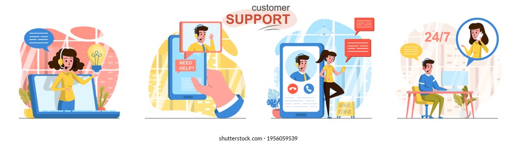Escenarios de concepto de asistencia al cliente establecidos. Operadores de línea directa asesorando a clientes, centro de ayuda en línea, mensajes de comentarios. Colección de actividades populares. Ilustración vectorial de caracteres en diseño plano