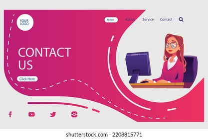 Customer support concept. Customer service, hotline operator advises client for web page, banner, presentation, social media. Online global technical support. Vector illustration art.