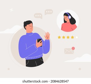  Concepto de asistencia al cliente. Servicio al cliente, hombre charlando con operador de línea directa - comentarios positivos, cinco estrellas. Ilustración vectorial de estilo plano.