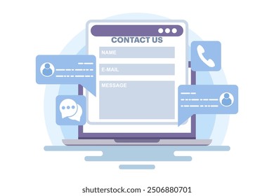 Customer support concept, customer service, online support, help desk, contact us form. Contact us, Customer care service, Online support, Hotline, Help desk. Flat vector illustration.