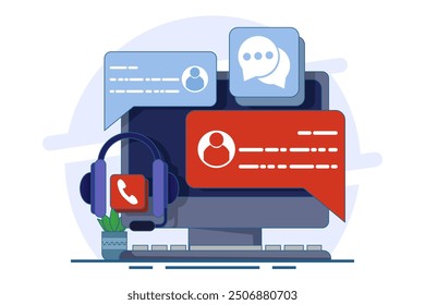 Customer support concept, customer service, online support, help desk, contact us form. Contact us, Customer care service, Online support, Hotline, Help desk. Flat vector illustration.