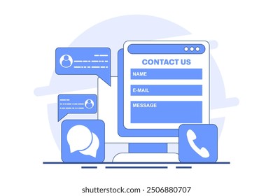 Customer support concept, customer service, online support, help desk, contact us form. Contact us, Customer care service, Online support, Hotline, Help desk. Flat vector illustration.