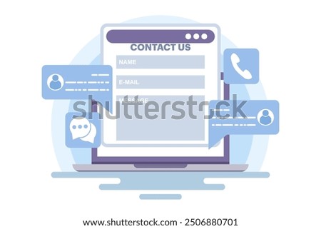 Customer support concept, customer service, online support, help desk, contact us form. Contact us, Customer care service, Online support, Hotline, Help desk. Flat vector illustration.