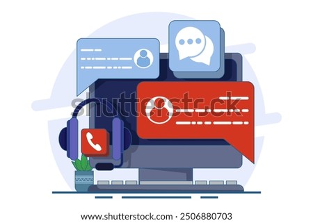 Customer support concept, customer service, online support, help desk, contact us form. Contact us, Customer care service, Online support, Hotline, Help desk. Flat vector illustration.