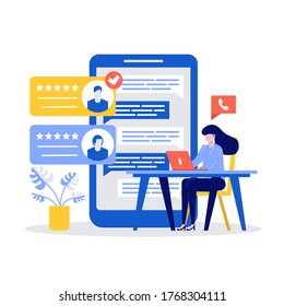 Customer support concept with smartphone and woman characters. Modern vector illustration in flat style for landing page, mobile app, poster, banner, web, backgrounds, infographics, hero images.