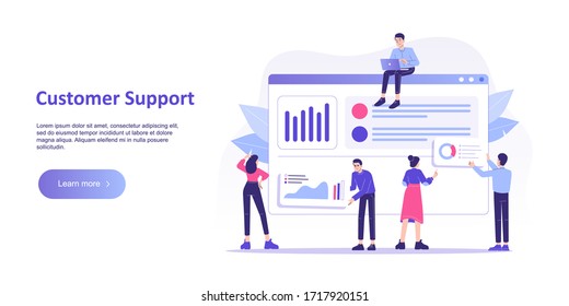 Customer support concept. Customer support team working together and providing 24 hour online customer service. Online help. Modern landing page template. Vector illustration