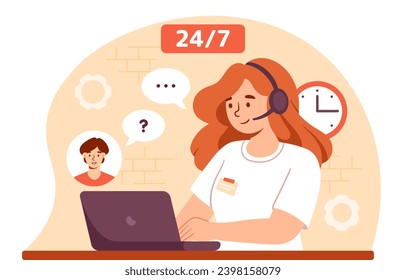 Customer support concept. Woman in headphones with laptop answer to questions from clients. Call center operator 24 to 7. Cartoon flat vector illustration isolated on white background