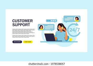 Customer support concept. Woman hotline operator advises clients. Online technical support. Landing page template. Vector illustration. Flat.