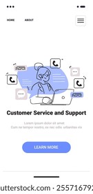 Customer support concept woman laptop communication icons blue accents minimalist mobile app screen