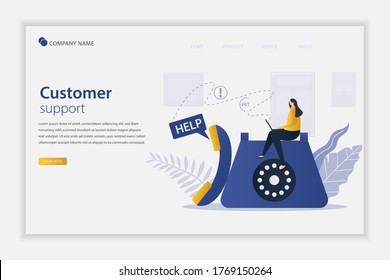 customer support concept with women play laptop. Illustration of support, help. Suitable for landing page, web, flyer, and banner.