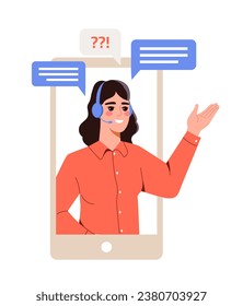Customer support concept.Woman in headphones inside smartphone. Assistant and consultant answer to questions. Template and layout. Cartoon flat vector illustration isolated on white background