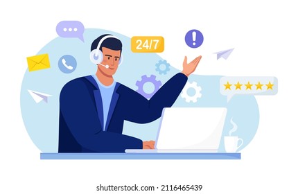Customer support. Contact us. Man with headphones and microphone with computer talking with clients. Personal assistant service, hotline operator advises customer, online global technical support