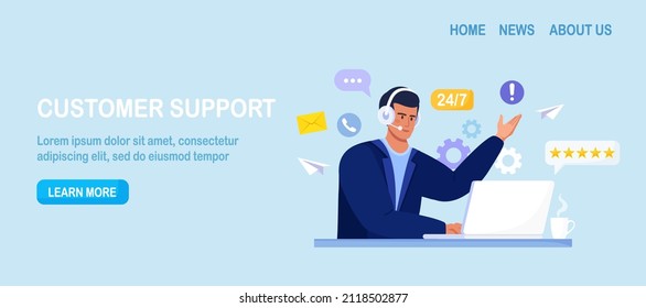 Asistencia al cliente. Contáctenos. Hombre con auriculares y micrófono con computadora hablando con clientes. Servicio de asistente personal, operador de línea directa asesora al cliente, soporte técnico global en línea