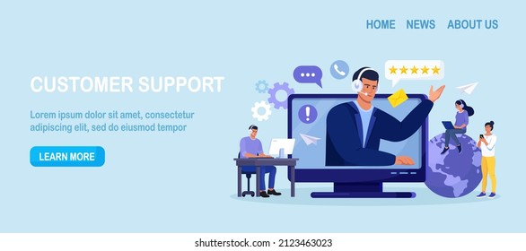 Asistencia al cliente. Contáctenos. Hombre con auriculares y micrófono hablando con clientes en pantalla de computadora. Servicio de asistente personal, operador de línea directa asesora al cliente, soporte técnico global en línea