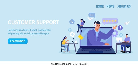 Customer support. Contact us. Man with headphones and microphone talking with clients on laptop screen. Personal assistant service, hotline operator advises customer, online global technical support