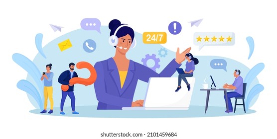 Customer support. Contact us. Woman with headphones and microphone with laptop talking with clients. Personal assistant service, hotline operator advises customer, online global technical support