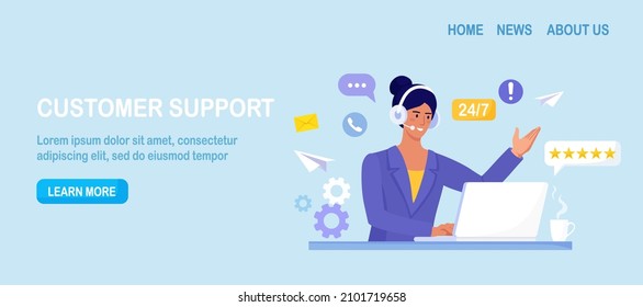 Customer support. Contact us. Woman with headphones and microphone with computer talking with clients. Personal assistant service, hotline operator advises customer, online global technical support