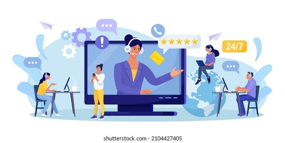 Customer support. Contact us. Woman with headphones and microphone talking with clients on laptop screen. Personal assistant service, hotline operator advises customer, online global technical support