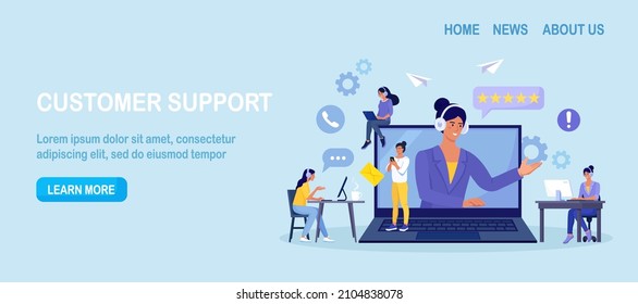 Customer support. Contact us. Woman with headphones and microphone talking with clients on laptop screen. Personal assistant service, hotline operator advises customer, online global technical support