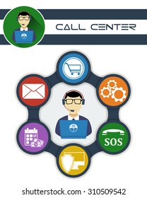 Customer support and counseling clients around the clock. Illustration included icons: solutions, options, shopping, mailing, regular payments, security & immediate support. Flat style vector design.