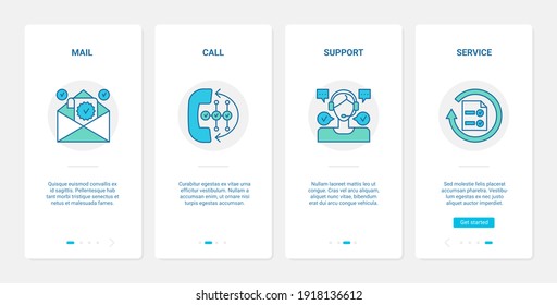 Kundenservice-Konzept, Vektorgrafik. UX, UI-Onboarding Mobile-App-Bildschirm mit Line Call Center-Operator mit Kopfhörern, Zustellung Hotline per Telefon, E-Mail-Symbole