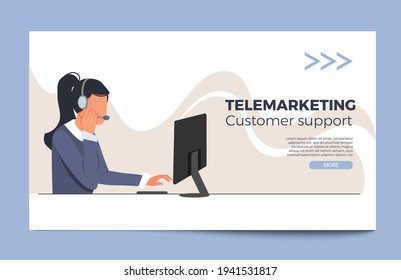 Customer support department staff, telemarketing agent. Call center employer working on computer. Call center, hotline vector illustration. Office worker with headsets. Landing page.