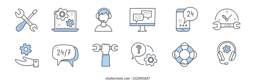 Customer Support Doodle Icons Crossed Wrench And Screwdriver, Laptop With Gears On Screen, Operator In Headset, Smartphone And Pc With Speech Bubbles, Life Buoy, Hand, Line Art Vector Illustration