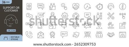 Customer or Support editable line icons set. Includes icons for headset, support agent, chat, feedback, help desk, FAQ, conversation, and  service. Editable stroke. Perfect for infographics.