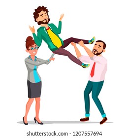 Customer Support, Employee In Business Suit Holding A Happy Client Over His Head Vector. Isolated Illustration
