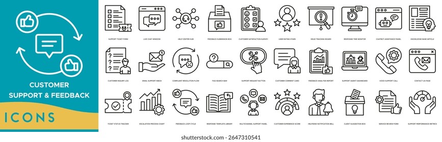 Customer Support and Feedback icon set. Support Ticket Form, Live Chat Window, Help Center Hub, Feedback Submission Box, Customer Satisfaction Survey and User Rating Stars