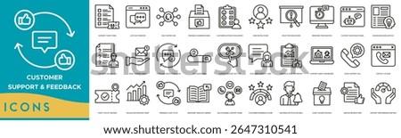 Customer Support and Feedback icon set. Support Ticket Form, Live Chat Window, Help Center Hub, Feedback Submission Box, Customer Satisfaction Survey and User Rating Stars