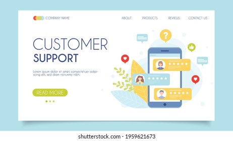 Customer support feedback. Landing page concept. Flat design, vector illustration. 