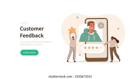 Customer support and feedback scene. Characters having consultation with helpdesk operator and giving positive five stars review. Vector illustration.