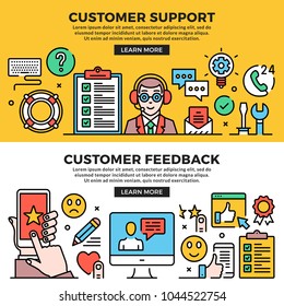 Customer support, customer feedback web banners set. Line art concepts. Creative modern flat design outline graphic elements, line icons, linear symbols, templates. Vector illustration