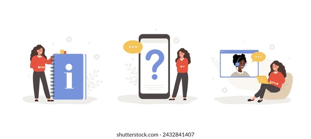 Customer support. Female characters ask questions, get answers, and read user manual. FAQ concept. Online help service. Set of vector illustration in flat cartoon style.