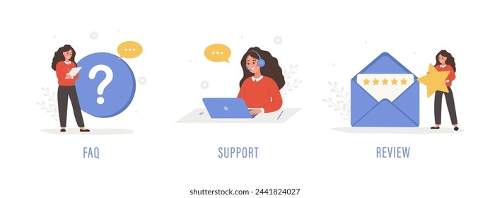 Customer support. Female characters ask questions, get answers, and leave feedback. FAQ concept. Online help service. Set of vector illustration in flat cartoon style.