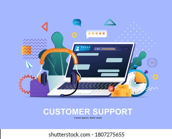 Customer support flat concept with gradients. Call center service, online assistance web template. Hotline consultation and help chat 3d composition, technical support chatbot vector illustration.
