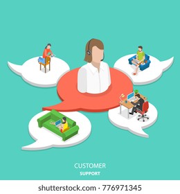 Customer support flat isometric vector concept. Big icon of the customer assistant on the red speech bubble and 4 white ones with customers around assistant.