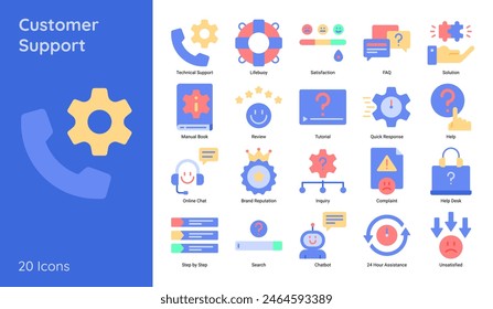 Customer support flat style icon collection. Set of support icon vector symbol contain such technical support, satisfaction, review and more