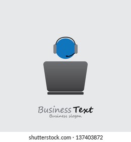 Customer support or front office worker & laptop- vector graphic. The illustration shows an employee icon with headphone and laptop with space for business text and business slogan